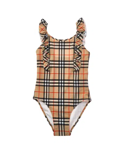 Burberry Ruffle Trim Check Swimsuit In Multi
