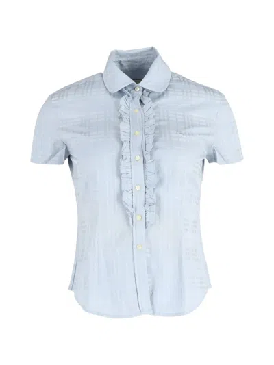 Pre-owned Burberry Ruffle Trim Checkered Short Sleeve Shirt In Blue