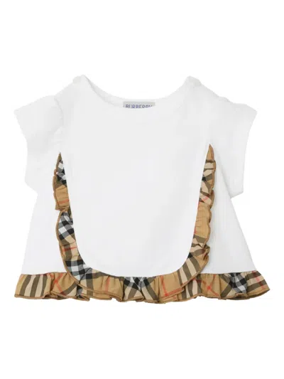 Burberry Babies' Ruffled Check Stretch Cotton T-shirt In White