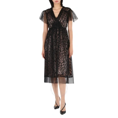 Burberry Ruffled Hem Embroidered Tulle Dress In Black