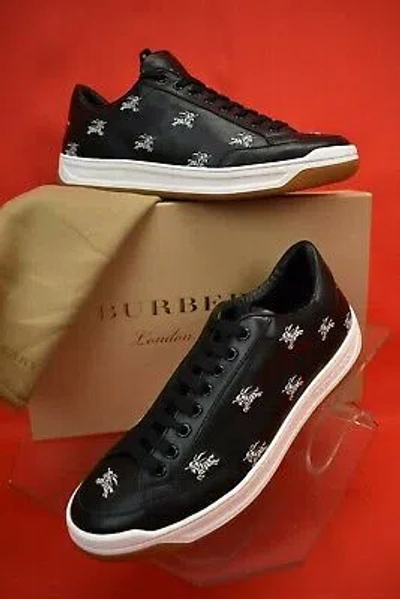 Pre-owned Burberry Runway Timsbury Knight Embroidered Black Leather Sneakers Eu 44 Us 11