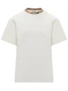Burberry White Crewneck T-shirt With Check Motif On The Collar In Cotton Man In White
