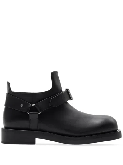 Burberry Leather Saddle Ankle Boots In Black