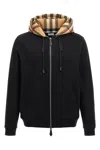 Burberry Check Detailed Zipped Drawstring Hoodie In Black