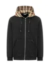 Burberry Cotton Check Pattern Drawstring Hooded Sweater With Front Zip In Black