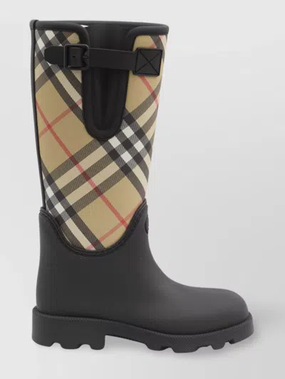 Burberry Sand Check Knee-high Rubber Boots In Black