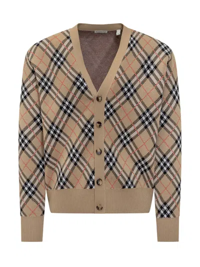 Burberry Sand Check Knit Cardigan In Brown