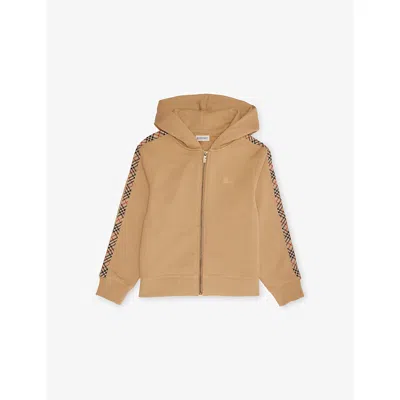 Burberry Kids' Sand Check-print Embroidered Cotton-jersey Hoodie 3-14 In Brown