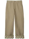 Burberry Beige Pants With Logo Embroidery On The Side And Turn-up Checked Hem In Cotton Man In Neutrals