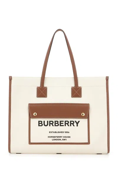 Burberry Sand Cotton Freya Shopping Bag In Neutro