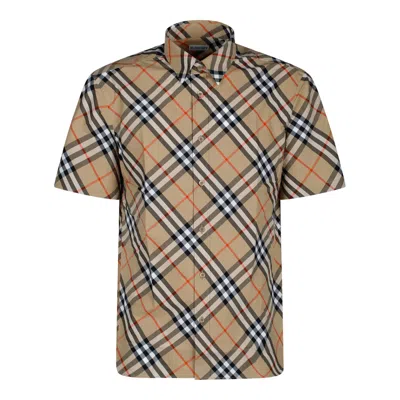 Burberry Beige Shirt With Classic Collar And All-over Check Motif In Cotton Man In Brown