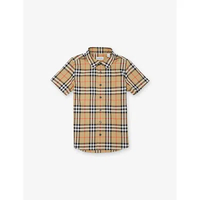 Burberry Kids' Sand Ip Check Check-print Short-sleeve Cotton Shirt 4-14 In Brown