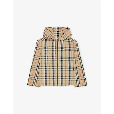 Burberry Kids' Sand Ip Check Check-print Hooded Woven Jacket 4-14 In Nude
