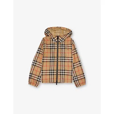 Burberry Kids' Sand Ip Check/sand Hooded Check-print Woven Jacket 3-1 In Brown