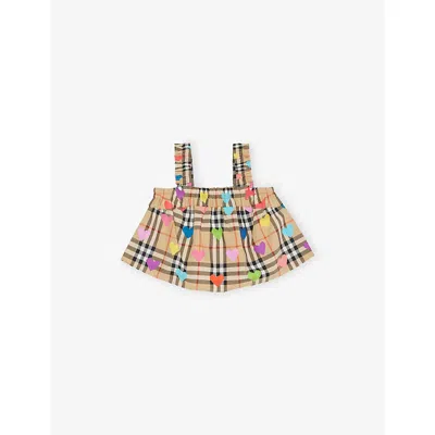 Burberry Kids' Sand Ip Pat Heart Check Cotton Top 6 Months- In Nude