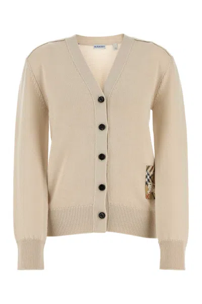 Burberry Wool Knit Logo Cardigan In Beige