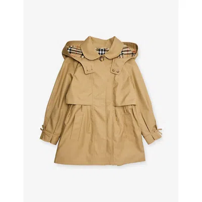 Burberry Kids' Sand Zoe Hooded Cotton Trench Coat In Brown