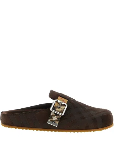Burberry Strap Patterned Round Toe Rubber Sole Slip-on In Brown
