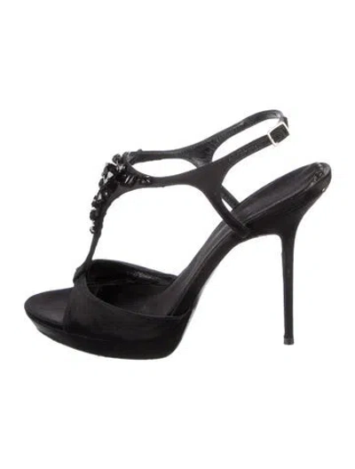 Pre-owned Burberry Satin Beaded Accents T-strap Sandals In Black