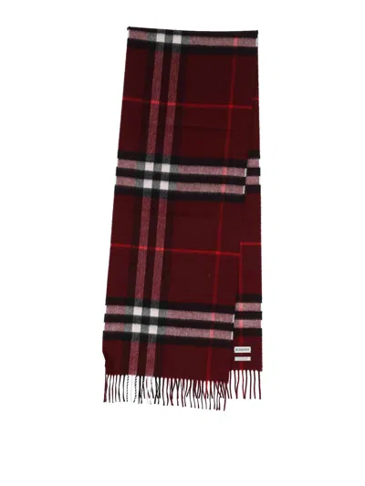 Burberry Check Patterned Cashmere Scarf Fringed Edges In Purple