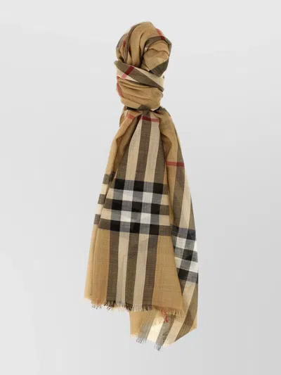 Burberry Scarf Checked Pattern Fringed Edges In Brown