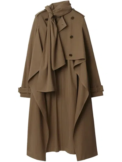 Burberry Scarf-detail Asymmetric Trench Coat In Brown