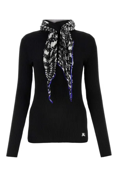 Burberry Ribbed Scarf High Neck Sweater In Black