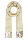 Burberry Cashmere Scarf With Embroidered Checkered Pattern And Fringed Edges In White
