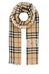 Burberry Wool Scarf With Embroidered Check Pattern And Fringed Edges In Beige