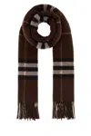 Burberry Cashmere Scarf With Embroidered Check Pattern And Fringe Detail In Brown