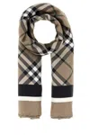 Burberry Embroidered Silk Foulard With Check Pattern And Fringed Edges In Brown