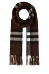 Burberry Cashmere Scarf With Embroidered Check Pattern And Fringe Detail In Brown