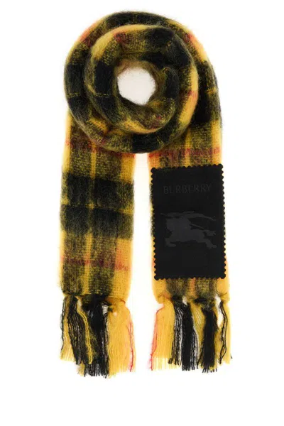 Burberry Check Pattern Mohair Blend Scarf With Fringed Edges In Black
