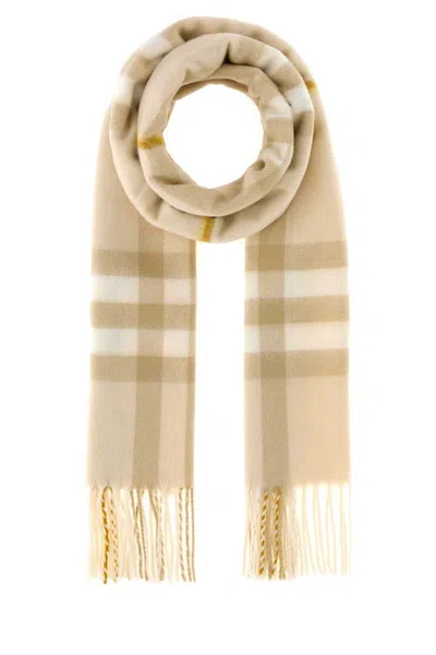 Burberry Cashmere Scarf With Checked Design And Fringes In Neutral