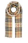 Burberry Wool Scarf With Embroidered Check Pattern And Fringed Edges In Multicolor