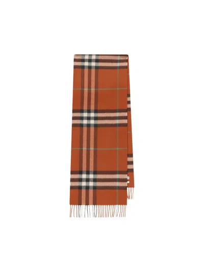 Burberry Fringed Checked Cashmere Scarf In Orange