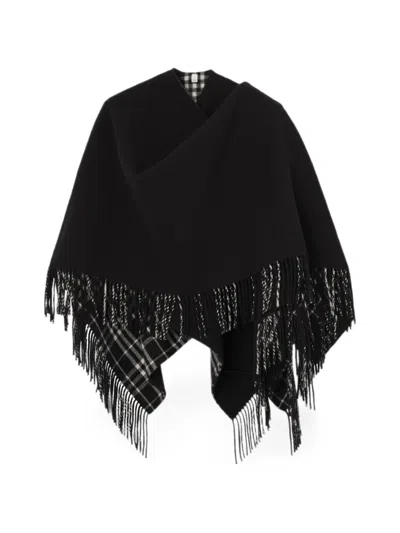 Burberry Wool Fringe Blanket Cape In Black