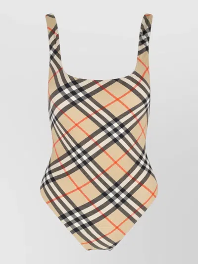 Burberry Scoop Neckline Sleeveless Checkered Beach Bodysuit In Brown