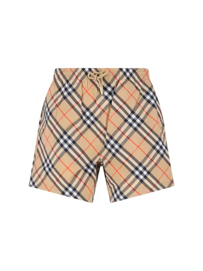 Burberry Check Print Cotton Shorts In Beige