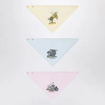 Burberry Set Of Three Coloured Cotton Bibs In Multicolor