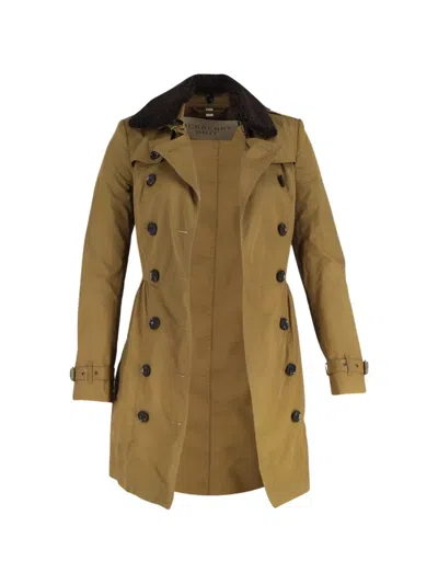 Pre-owned Burberry Shearling-collar Belted Trench Coat In Brown