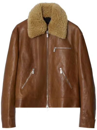 Burberry Shearling-collar Leather Jacket In Brown