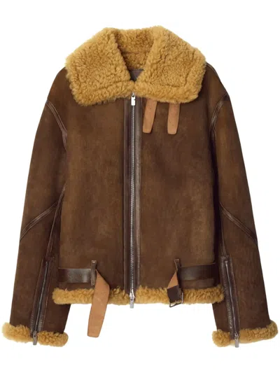 Burberry Men's Belted Sheep Shearling Coat In Brown