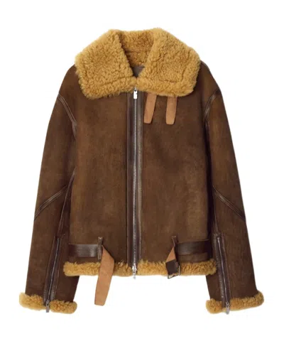 Burberry Men's Belted Sheep Shearling Coat In Brown
