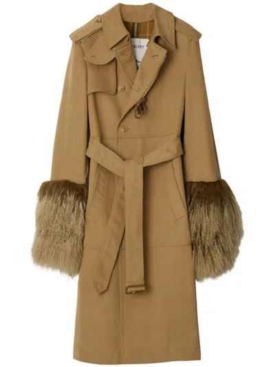 Burberry Shearling-trimmed Trench Coat In Mountain