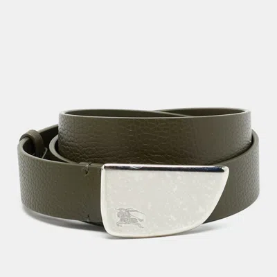 Pre-owned Burberry Shield 95 Cm Buckle Belt Dark Khaki Leather In Green
