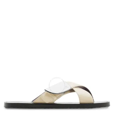 Burberry Shield Plaque Leather Slide Sandals In Gold