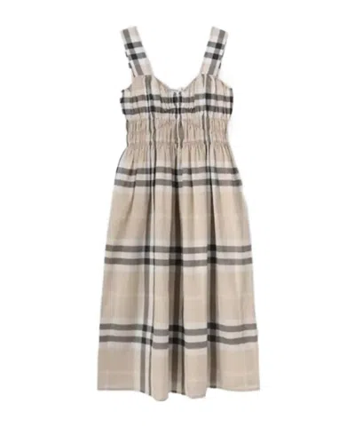 Burberry Shirred Check Cotton Dress In Brown