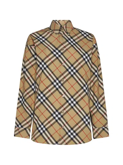 Burberry Cotton Shirt With Check Motif In Brown