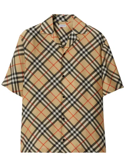 Burberry Nova Plaid Silk Cuban Collar Shirt In Neutral